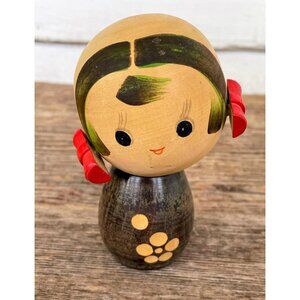 Vintage 1960s Japanese Kokeshi Doll Wood Girll Pigtail Bows 4"